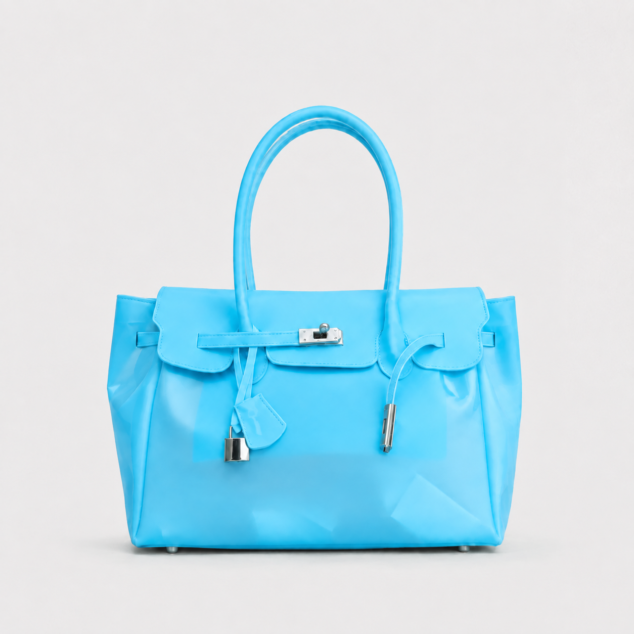 Sky-Blue Sencieres jelly Firkin bag, glossy translucent TPU handbag — front view