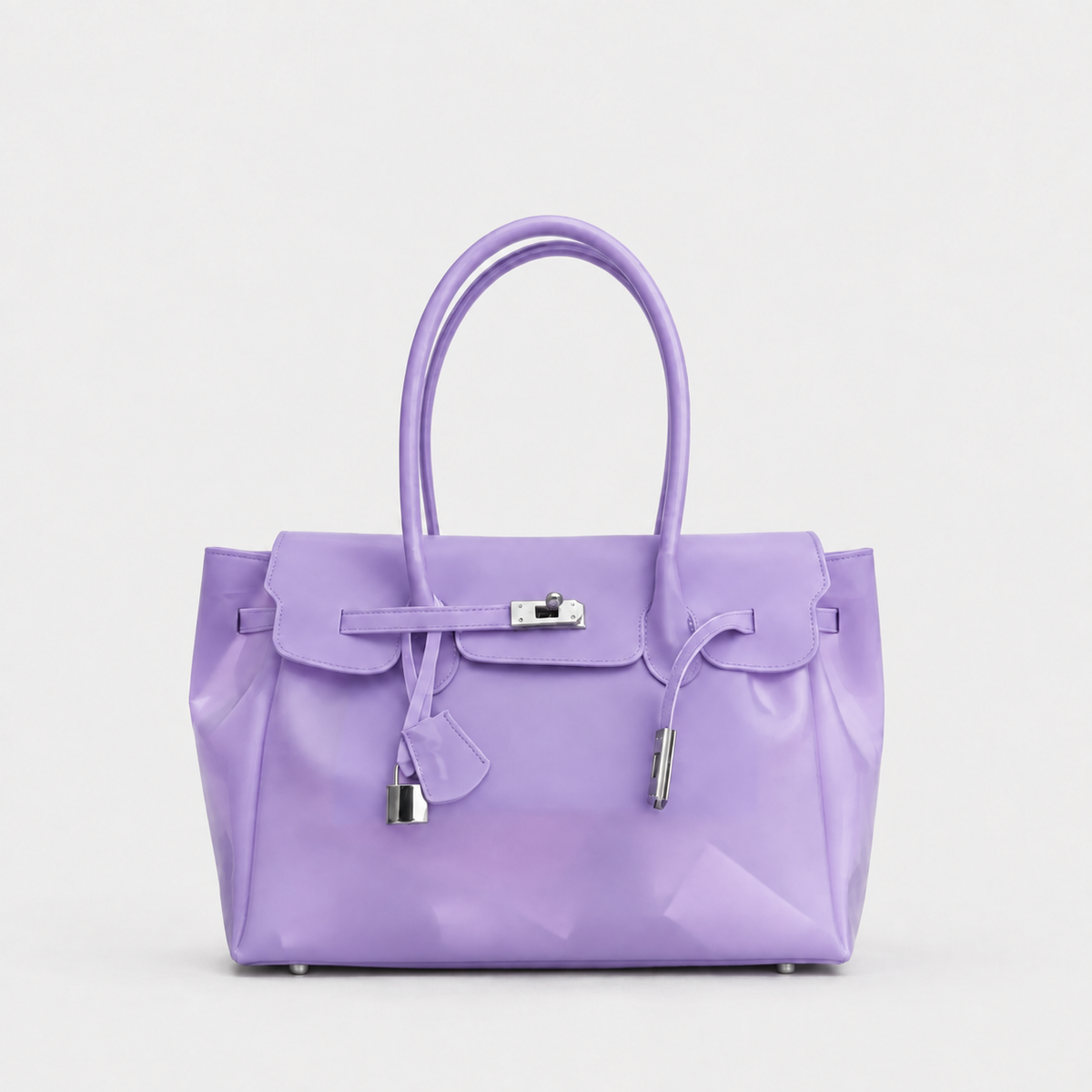 Purple Sencieres jelly Firkin bag, glossy translucent TPU handbag — front view