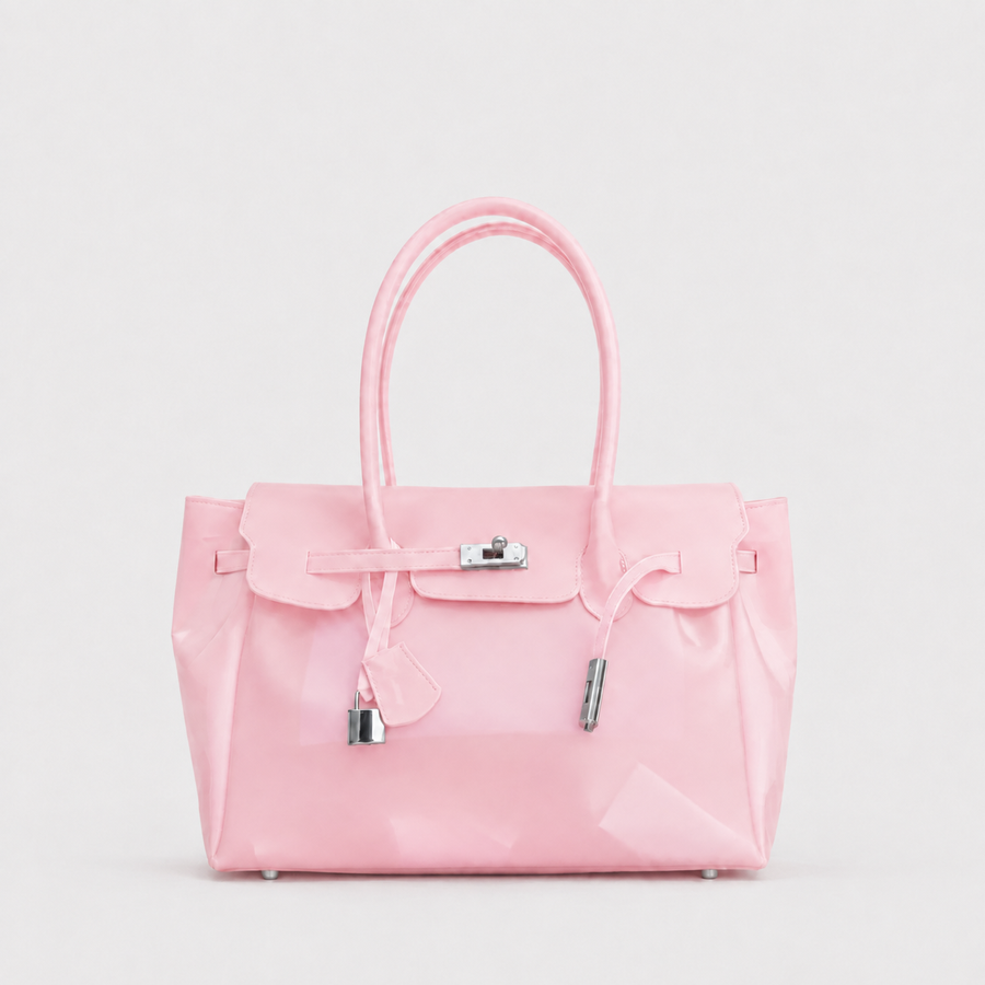 Pink Sencieres jelly Firkin bag, glossy translucent TPU handbag — front view