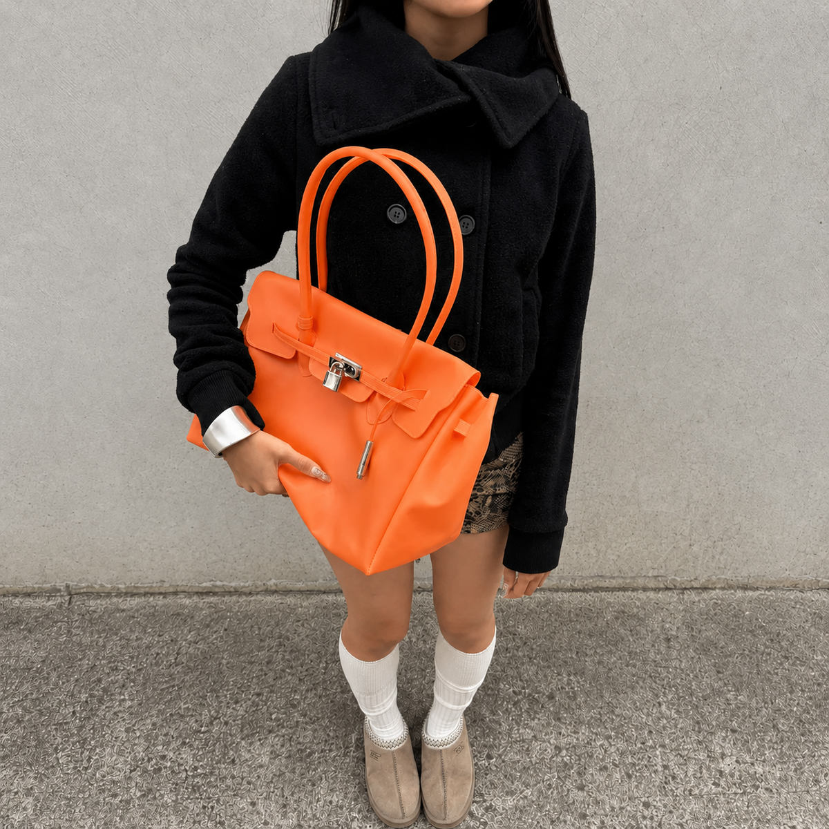 Orange Sencieres jelly Firkin bag, glossy translucent TPU handbag — styled outfit look